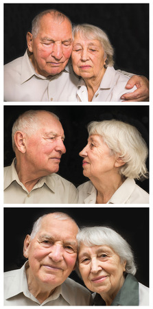 The happy elderly couple on the black background. Collageの写真素材