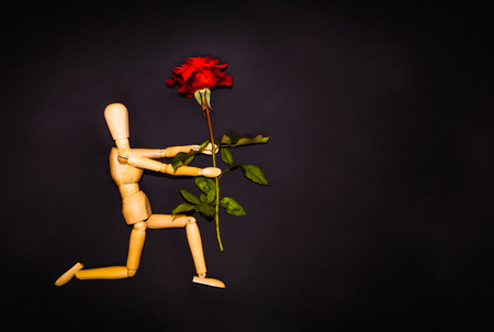 Red rose and figure wooden man on black backgroundの写真素材