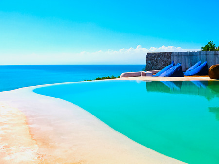 Pecatu, Bali, Indonesia - April 19, 2012: View of swimming pool at El Kabron Ibiza Style Beach Clubのeditorial素材