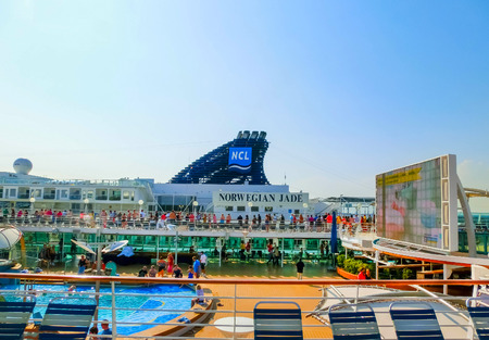 Venice, Italy - June 06, 2015: Cruise ship Splendour of the Seas of Royal Caribbean International moored in Venice, Italy on 06 2015 against another cuise ship Norwegian Jadeのeditorial素材