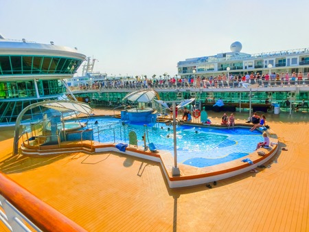 Venice, Italy - June 06, 2015: Cruise ship Splendour of the Seas of Royal Caribbean International moored in Venice, Italy on 06, 2015 against another cuise ship Norwegian Jadeのeditorial素材