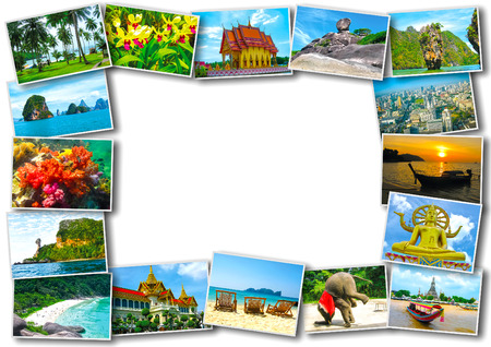Thai travel, tourism concept - collage of Thailand images on wooden backgroundの写真素材