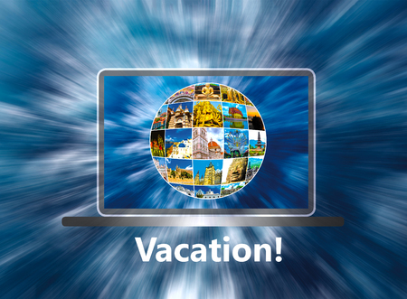 The laptop with note about vacation. The world travel conceptの写真素材