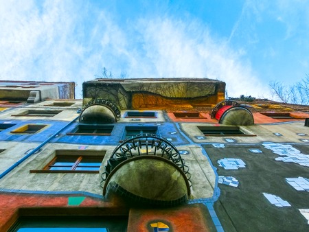Vienna, Austria - January 02, 2015: A view of the outside of buildings in Hundertwasserhaus in Vienna during the day on January 02, 2015のeditorial素材