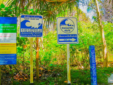 Railay, Krabi, Thailand - February 01, 2010: The pointers with evacuation route with the threat of a tsunami at Railay beach, Krabi, Thailandのeditorial素材