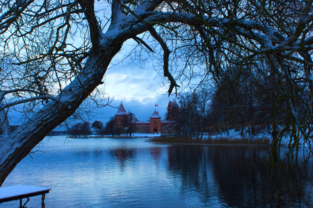 Trakai Castle in winter on island