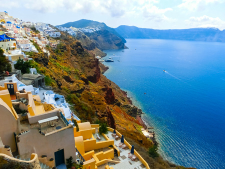 View to the sea from Oia village of Santorini island in Greeceの写真素材