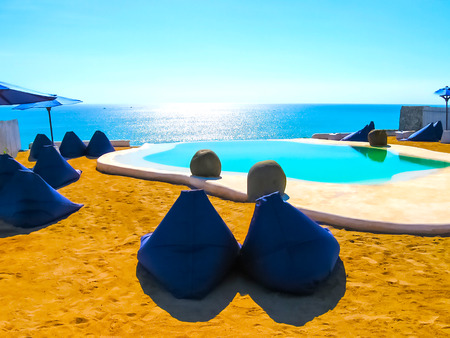 Bali, Indonesia - April 19, 2012: View of swimming pool at El Kabron Ibiza Style Beach Clubのeditorial素材
