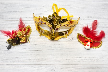 Venice masks on wooden backgroundの写真素材