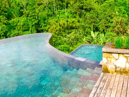 Bali, Indonesia - April 13, 2014: View of swimming pool at Ubud Hanging Gardens hotelのeditorial素材