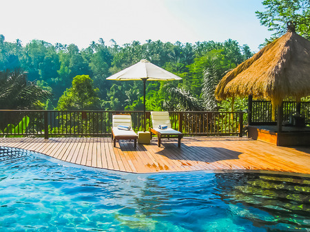 Bali, Indonesia - April 14, 2012: View of swimming pool at Nandini Jungle Resort and Spa.のeditorial素材