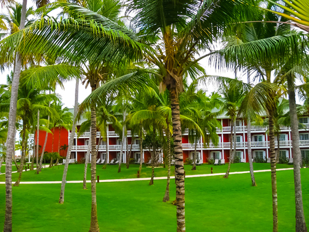 Punta Cana, Dominican republic - February 03, 2013: The Barcelo Bavaro Beach hotel under palmsのeditorial素材