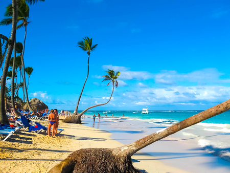 Punta Cana, Dominican republic - February 02, 2013: The view of the sand beach with palm treesのeditorial素材