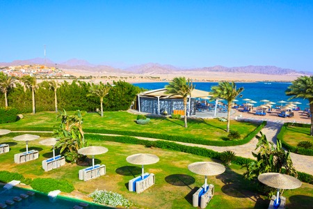Sharm El Sheikh, Egypt - April 8, 2017: The view of luxury hotel Barcelo Tiran Sharm 5 stars at day with blue skyのeditorial素材