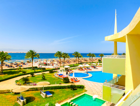 Sharm El Sheikh, Egypt - April 8, 2017: The view of luxury hotel Barcelo Tiran Sharm 5 stars at day with blue skyのeditorial素材