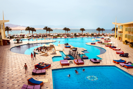 Sharm El Sheikh, Egypt - April 9 2017: The view of luxury hotel Barcelo Tiran Sharm 5 stars at day with blue skyのeditorial素材