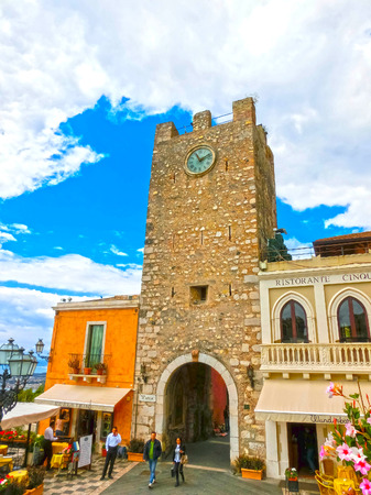 Taormina, Sicily, Italy - May 05, 2014: View over the main entrance in Taormina, Sicily, Italy, Europeのeditorial素材