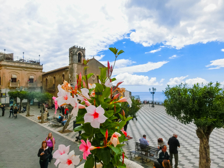 Taormina, Sicily, Italy - May 05, 2014: View over the main square in Taormina, Sicily, Italy, Europeのeditorial素材