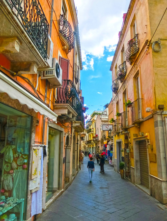 Taormina, Sicily, Italy - May 05, 2014: View over the street in Taormina, Sicily, Italy, Europeのeditorial素材