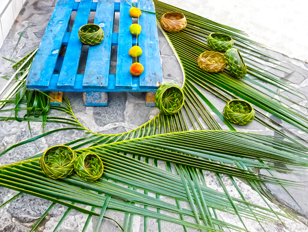 Caribbean souvenirs - wicker vases of palm leaves - handmade workの写真素材