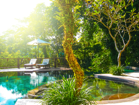 Bali, Indonesia - April 14, 2014: View of swimming pool at Nandini Jungle Resort and Spa.のeditorial素材