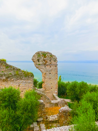 Ruins of Catullus Caves, roman villa in Sirmione, Garda Lakeの写真素材