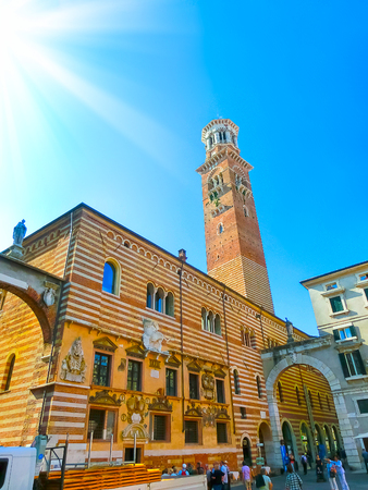 Piazza delle erbe in Verona street, tourist destination in Veneto region of Italyのeditorial素材