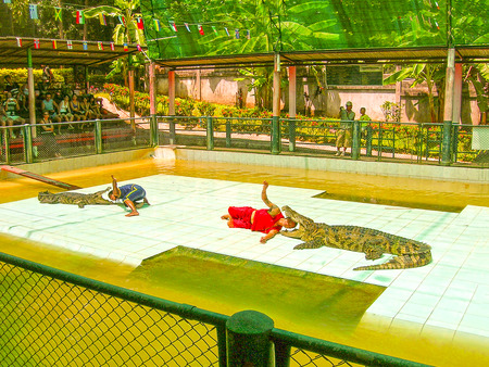 Koh Samui, Thailand - June 28, 2008: The local man putting his head in the mouth of the crocodile at Koh Samuiのeditorial素材