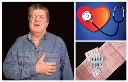 Portrait of old man with pain in a heart on black background