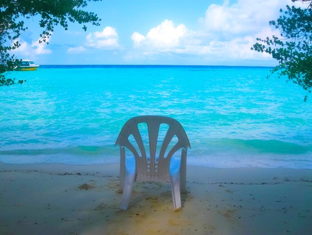White tropical beach in Maldives with trees and blue lagoonの写真素材