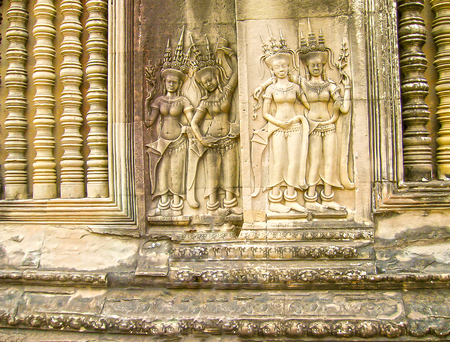 The detail of stone carvings in Angkor Wat, Cambodia.