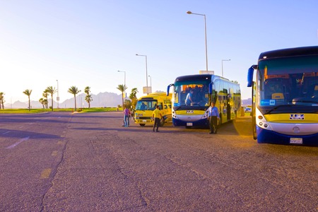 Sharm El Sheikh, Egypt - April 07, 2017: The tour bus by TEZ Tour waiting for touristsのeditorial素材