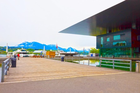 Lucerne, Switzerland - May 02, 2017: Center for Culture and Congresses at coast line at Lucerne lake, Swissのeditorial素材