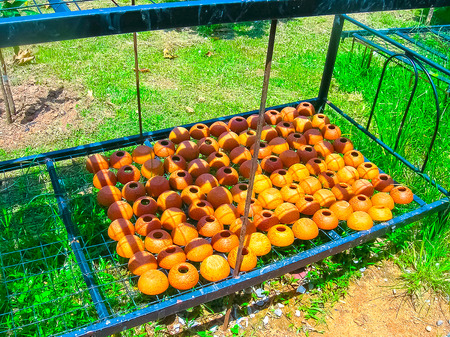 The plates made from coconut at the market in Asiaの写真素材