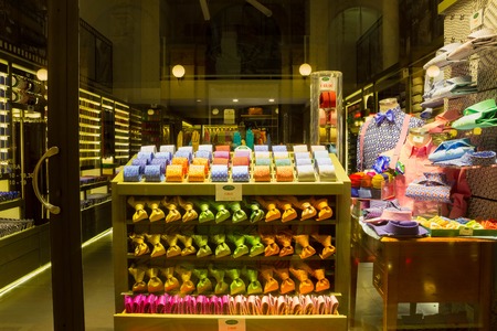 Milan, Italy - May 03, 2017: The shop with colorful italian tiesのeditorial素材