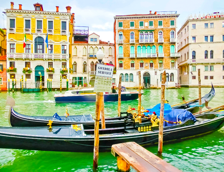 Venice, Italy - May 04, 2017: gondola sails down the channel in Venice, Italy. Gondola is a traditional transport in Venice, Italyのeditorial素材