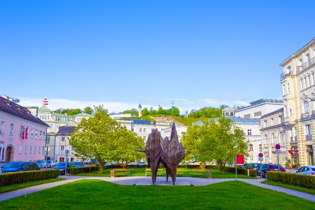 Salzburg, Austria - May 01, 2017: The statue Caldera - modern sculpture at Square of Salzburg, Austria.のeditorial素材