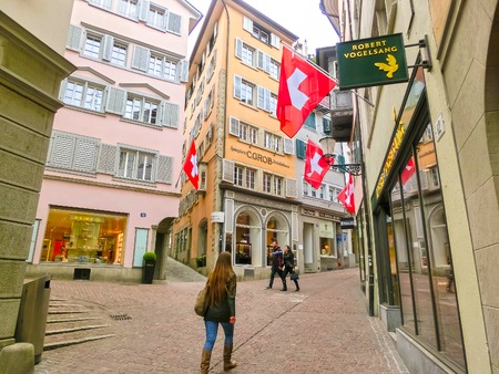 Zurich, Switzerland - May 02, 2017: The city center of Zurich, Switzerland. People on the backgroundのeditorial素材