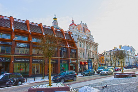 VIlnius, Lithuania - January 05, 2017: Unknown people go along street in Old Town, Vilnius, Lithuaniaのeditorial素材