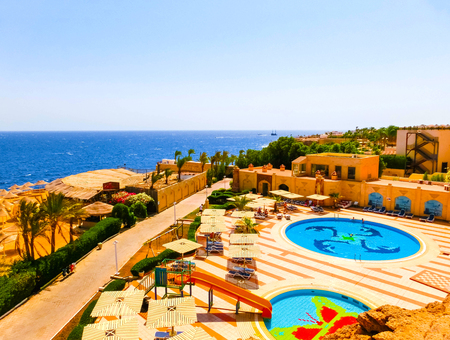 Sharm El Sheikh, Egypt - September 22, 2017: The view of luxury hotel Dreams Beach Resort Sharm 5 stars at day with blue skyのeditorial素材