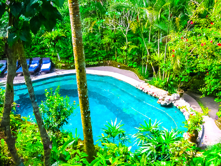 Bali, Indonesia - April 12, 2012: View of swimming pool at Hotel Tjampuhan and Spa at Ubudのeditorial素材