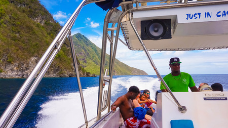 Saint Lucia, Caribbean - May 12, 2016: Catamaran near a beautiful beachのeditorial素材