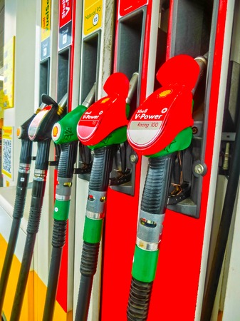 Prague, Czech Republic - January 2, 2018: Filling nozzles at a Shell gas station.のeditorial素材