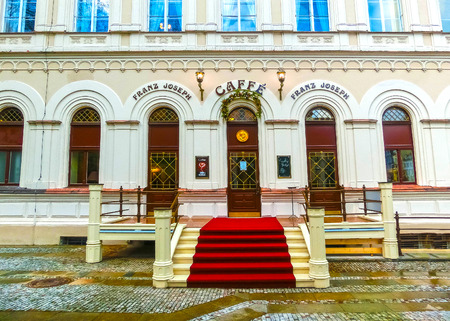 Karlovy Vary, Cszech Republic - January 01, 2018: The facade of old house in the center