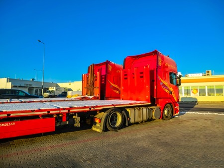 Prague, Czech Republic - December 30, 2017: The colorful trucks is parked near the gas stationのeditorial素材
