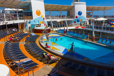 Cape Canaveral, USA - April 29, 2018: The upper deck with swimming pools at cruise liner or ship...