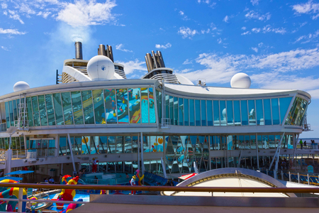 Cape Canaveral, USA - April 29, 2018: The upper deck with childrens swimming pools at cruise liner or ship Oasis of the Seas by Royal Caribbeanのeditorial素材