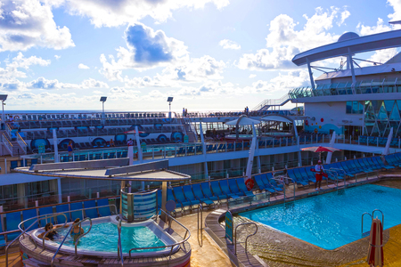 Cape Canaveral, USA - April 30, 2018: The upper deck with childrens swimming pools at cruise liner or ship Oasis of the Seas by Royal Caribbeanのeditorial素材