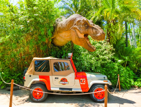 Orlando, Florida - May 09, 2018: Jurassic Park dinosaur and jeep at Universal Studios Islands of Adventure theme parkのeditorial素材