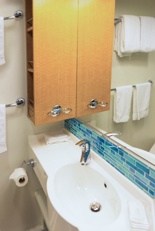 Bathroom with shower cabin, toilet on a cruise ship